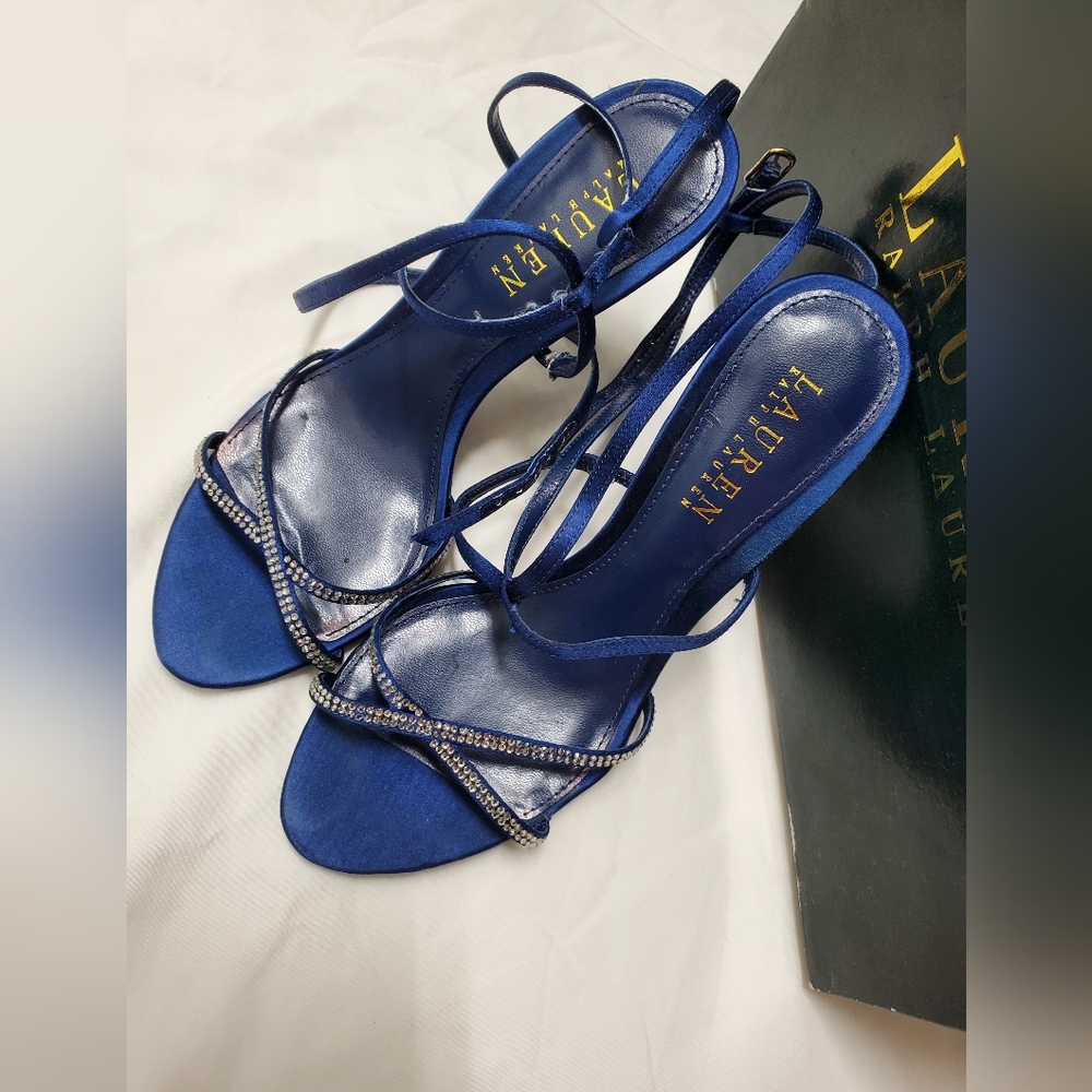 Ralph Lauren Size 6B AMINA Blue Satin Open Toe Heels Shoes